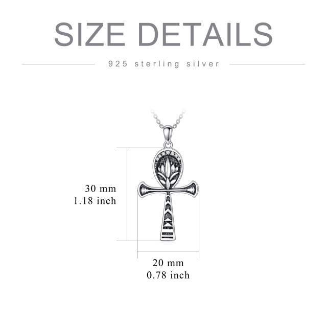 Sterling Silver Zircon Lotus & Ankh Pendant Necklace-4